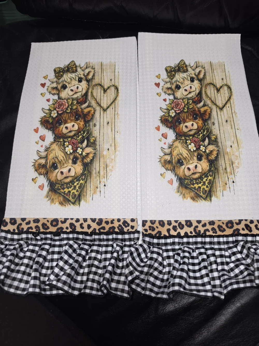 Farmhouse Trio Cow Waffle Weave Kitchen Towels with Black Gingham Ruffle